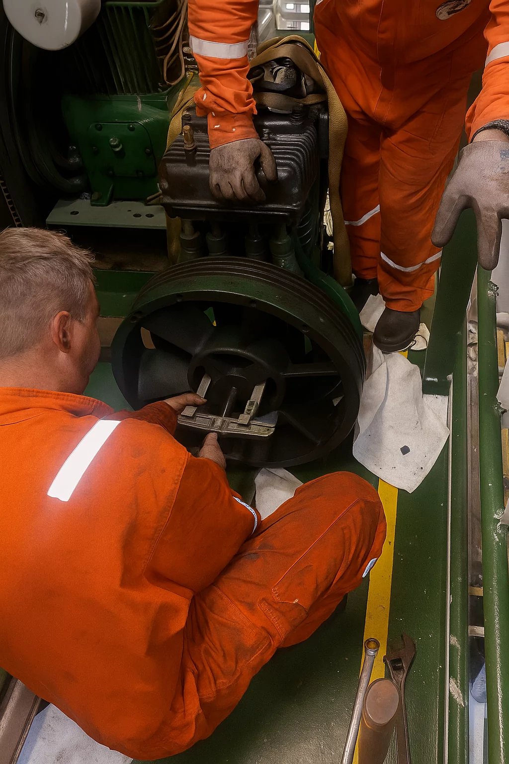 Dois técnicos usando macacões laranja realizam manutenção em um compressor industrial verde; um deles está ajoelhado ajustando uma ferramenta na polia, enquanto o outro apoia-se sobre o equipamento, com as mãos sujas de graxa, em um ambiente de trabalho mecânico.
